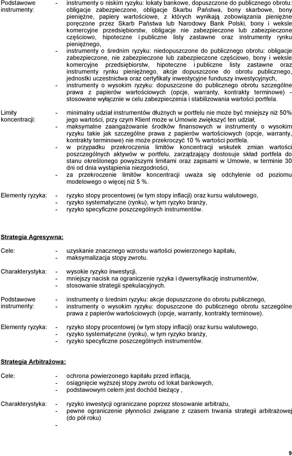 zabezpieczone częściowo, hipoteczne i publiczne listy zastawne oraz instrumenty rynku pieniężnego, - instrumenty o średnim ryzyku: niedopuszczone do publicznego obrotu: obligacje zabezpieczone, nie