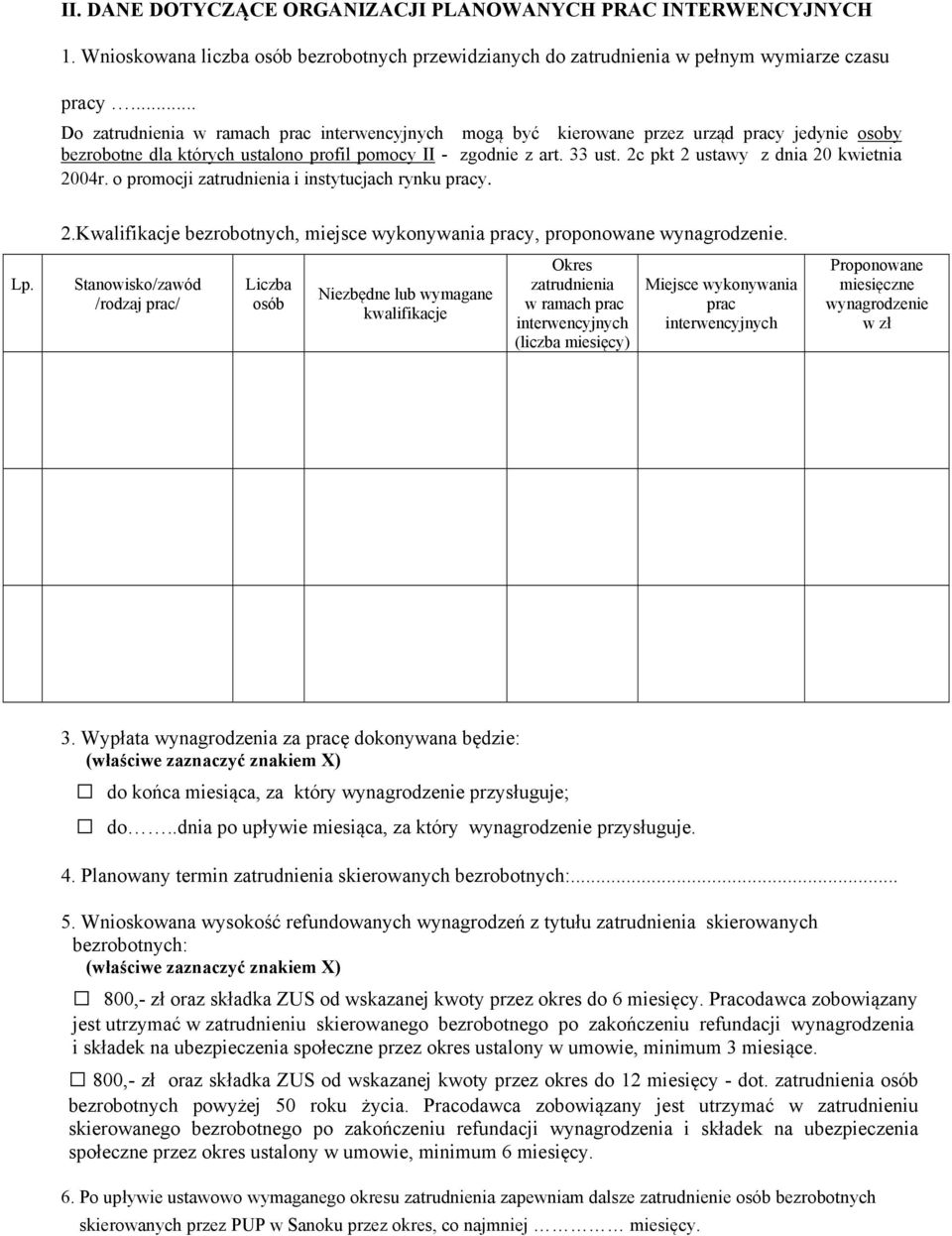 2c pkt 2 ustawy z dnia 20 kwietnia 2004r. o promocji zatrudnienia i instytucjach rynku pracy. 2.Kwalifikacje bezrobotnych, miejsce wykonywania pracy, proponowane wynagrodzenie. Lp.