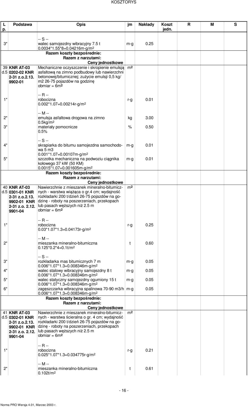 00214r-g/ r-g 0.01 kg 3.00 2* eulsja asfaltowa drogowa na zino 0.5kg/ 3* ateriały poocnicze 0.5% % 0.50 4* skrapiarka do bituu saojezdna saochodowa 5 3 0.001*1.07=0.