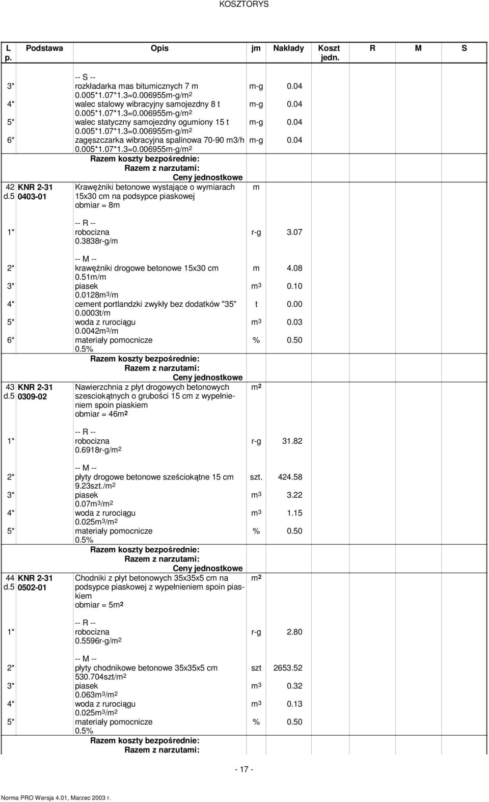 51/ 3* piasek 0.0128 3 / 4* ceent portlandzki zwykły bez dodatków "35" 0.0003t/ 5* woda z rurociągu 0.0042 3 / 6* ateriały poocnicze 43 KNR 2-31 d.5 0309-02 0.