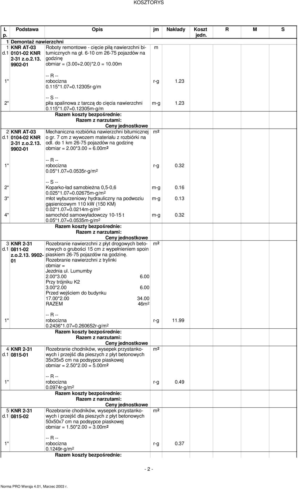 7 c z wywoze ateriału z rozbiórki na odl. do 1 k6-75 pojazdów na godzinę obiar = 2.00*3.00 = 6.00 r-g 1.23 -g 1.23 0.05*1.07=0.0535r-g/ r-g 0.32 -g 0.16 2* Koparko-ład saobieżna 0,5-0,6 0.025*1.07=0.02675-g/ 3* łot wyburzeniowy hydrauliczny na podwoziu -g 0.