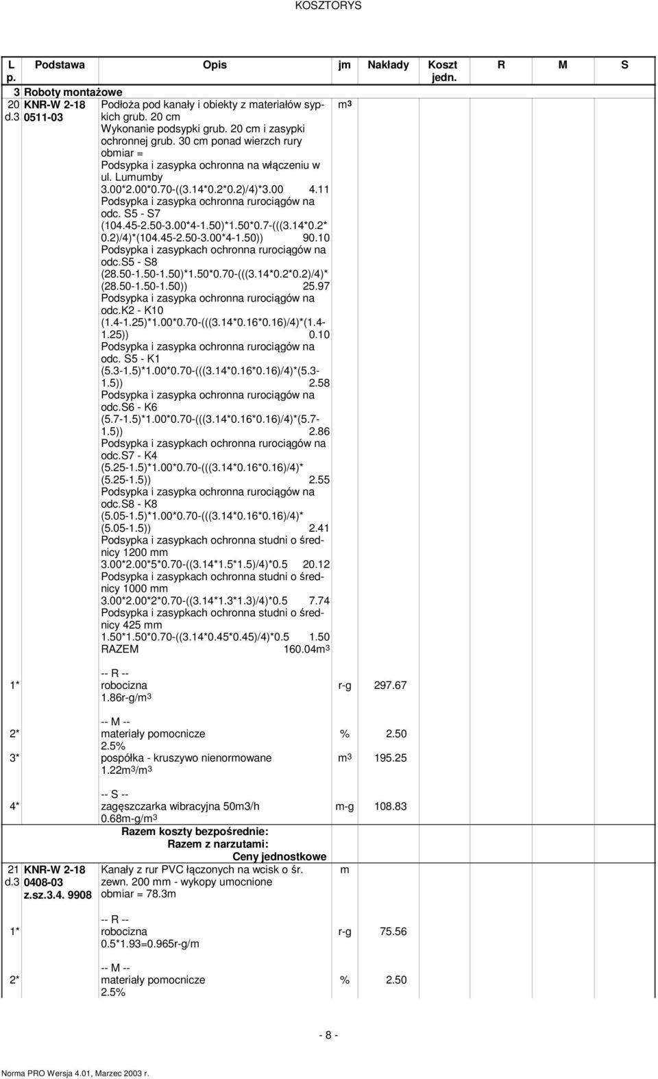 00*4-1.50)*1.50*0.7-(((3.14*0.2* 0.2)/4)*(104.45-2.50-3.00*4-1.50)) 90.10 Podsypka i zasypkach ochronna rurociągów na odc.s5 - S8 (28.50-1.50-1.50)*1.50*0.70-(((3.14*0.2*0.2)/4)* (28.50-1.50-1.50)) 25.