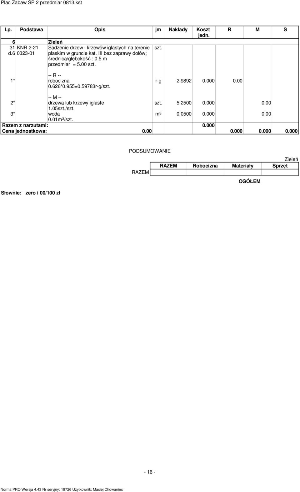 9892 0.000 0.00 2* drzewa lub krzewy iglaste. 5.2500 0.000 0.00 1.05./. 3* woda m 3 0.0500 0.000 0.00 0.01m 3 /.