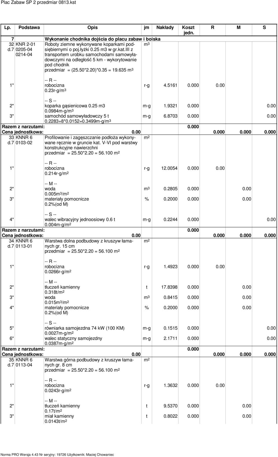 000 0.00 m-g 6.8703 0.000 0.00 -- S -- 2* koparka gąsienicowa 0.25 m3 0.0984m-g/m 3 3* samochód samowyładowczy 5 t 0.2283+8*0.0152=0.3499m-g/m 3 33 d.