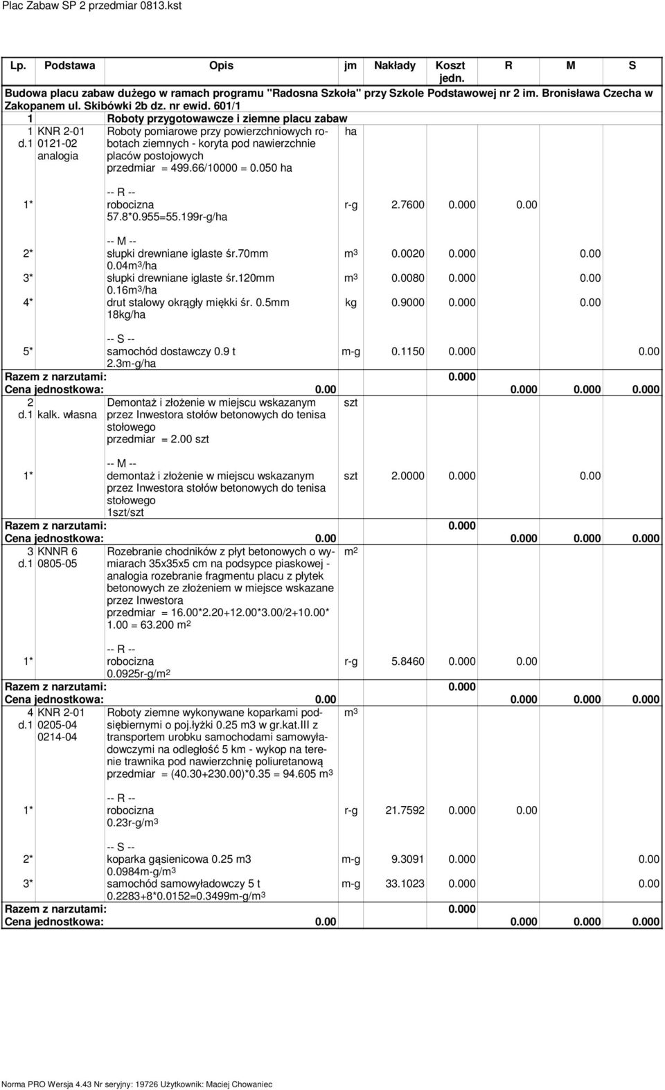 1 KNR 2-01 0121-02 analogia Roboty pomiarowe przy powierzchniowych robotach ziemnych - koryta pod nawierzchnie placów postojowych przedmiar = 499.66/10000 = 0.050 ha 57.8*0.955=55.