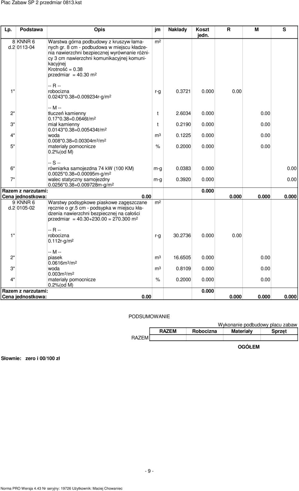 3721 0.000 0.00 t 2.6034 0.000 0.00 t 0.2190 0.000 0.00 m 3 0.1225 0.000 0.00 2* tłuczeń kamienny 0.17*0.38=0.0646t/ 3* miał kamienny 0.0143*0.38=0.005434t/ 4* woda 0.008*0.38=0.00304m 3 / 5* materiały pomocnicze 0.