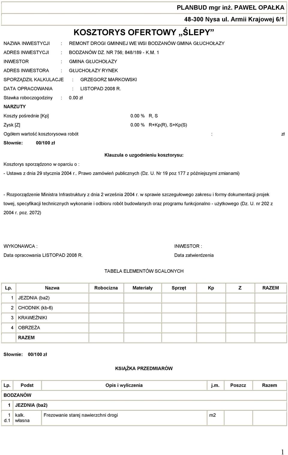 00 zł NARZUTY Koszty pośrednie [Kp] 0.00 % R, S Zysk [Z] 0.