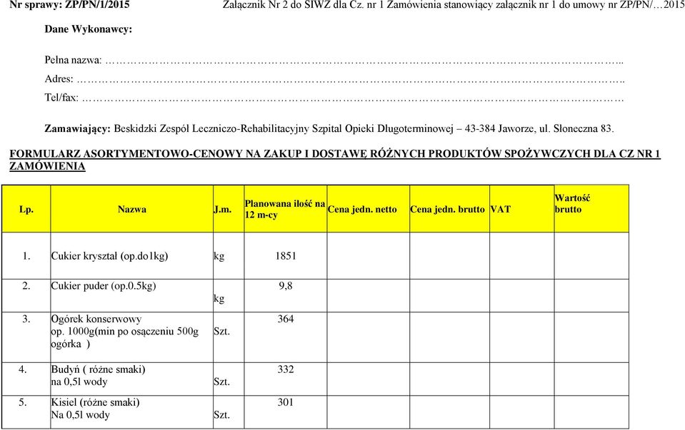 FORMULARZ ASORTYMENTOWO-CENOWY NA ZAKUP I DOSTAWĘ RÓŻNYCH PRODUKTÓW SPOŻYWCZYCH DLA CZ NR 1 ZAMÓWIENIA Lp. Nazwa J.m. Planowana ilość na Cena jedn. netto 12 m-cy Cena jedn.