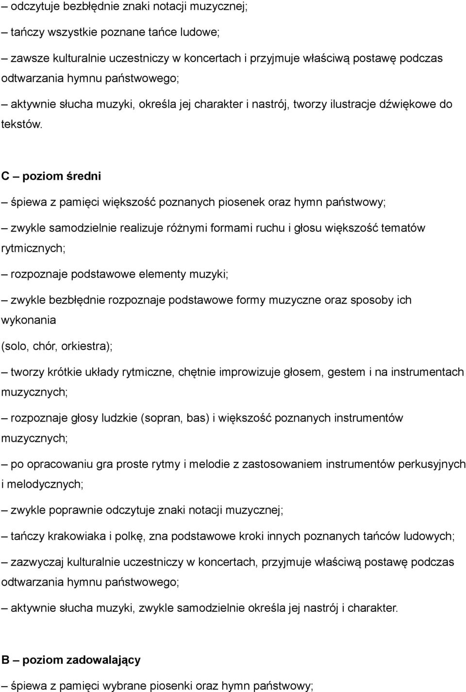 C poziom średni śpiewa z pamięci większość poznanych piosenek oraz hymn państwowy; zwykle samodzielnie realizuje różnymi formami ruchu i głosu większość tematów rytmicznych; rozpoznaje podstawowe