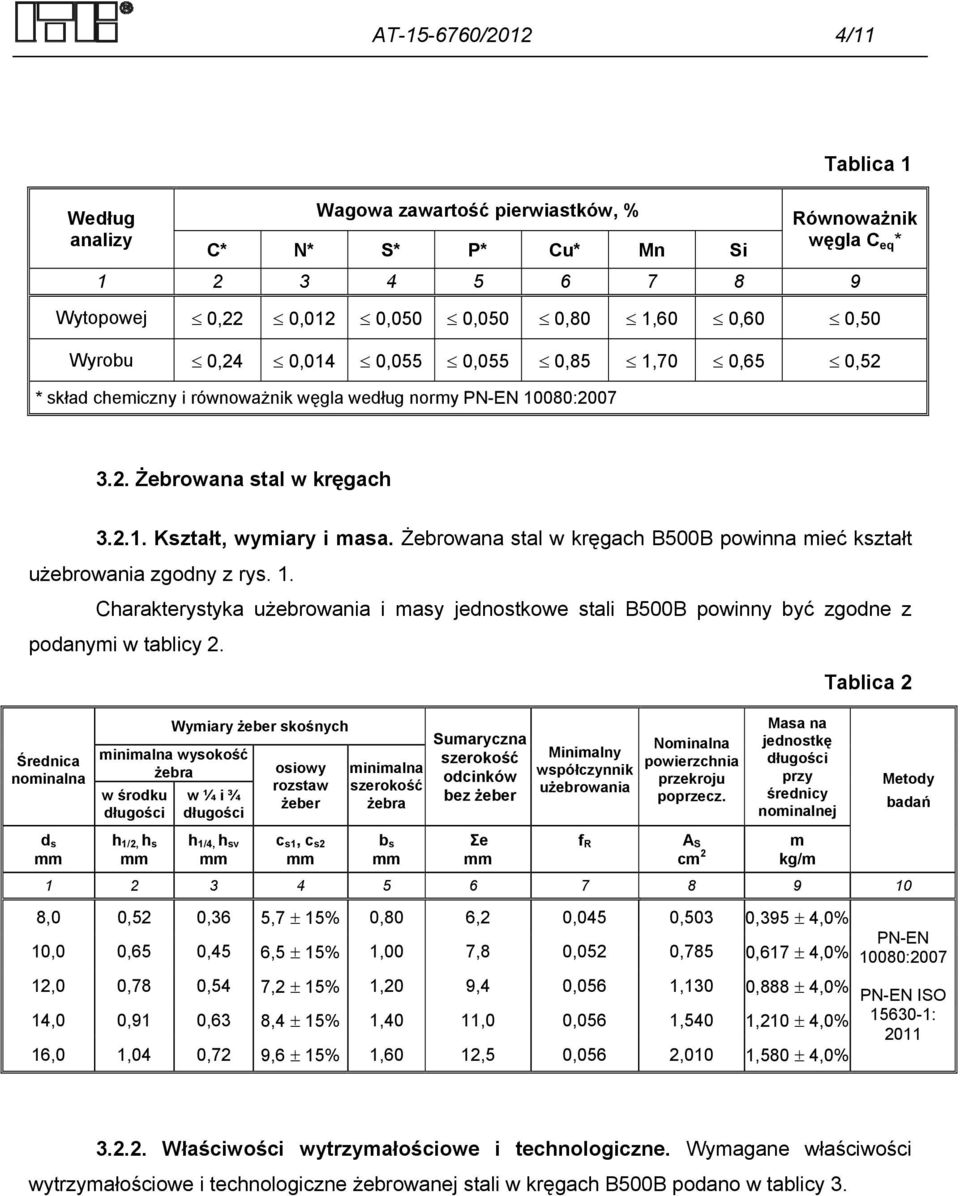 Żebrowana stal w kręgach B500B powinna mieć kształt użebrowania zgodny z rys. 1. Charakterystyka użebrowania i masy jednostkowe stali B500B powinny być zgodne z podanymi w tablicy 2.