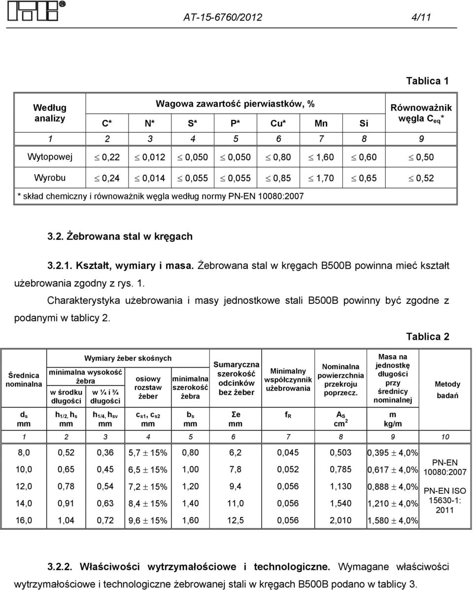 Żebrowana stal w kręgach B500B powinna mieć kształt użebrowania zgodny z rys. 1. Charakterystyka użebrowania i masy jednostkowe stali B500B powinny być zgodne z podanymi w tablicy 2.