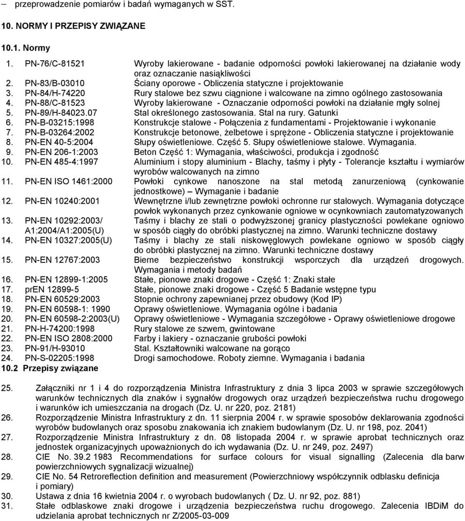 PN-84/H-74220 Rury stalowe bez szwu ciągnione i walcowane na zimno ogólnego zastosowania 4. PN-88/C-81523 Wyroby lakierowane - Oznaczanie odporności powłoki na działanie mgły solnej 5. PN-89/H-84023.