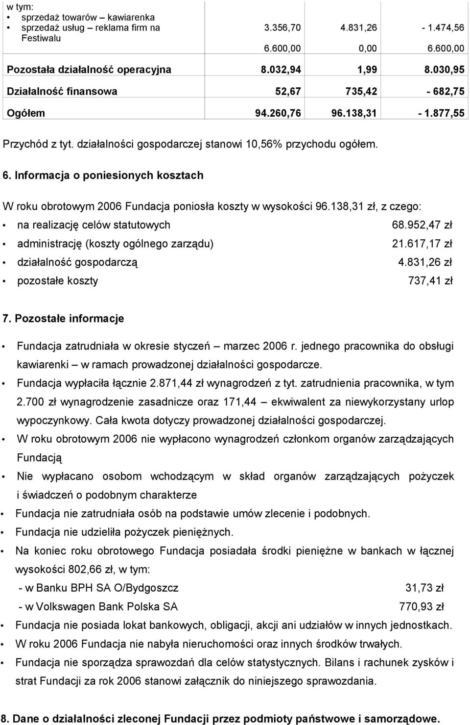 Informacja o poniesionych kosztach W roku obrotowym 2006 Fundacja poniosła koszty w wysokości 96.138,31 zł, z czego: na realizację celów statutowych 68.