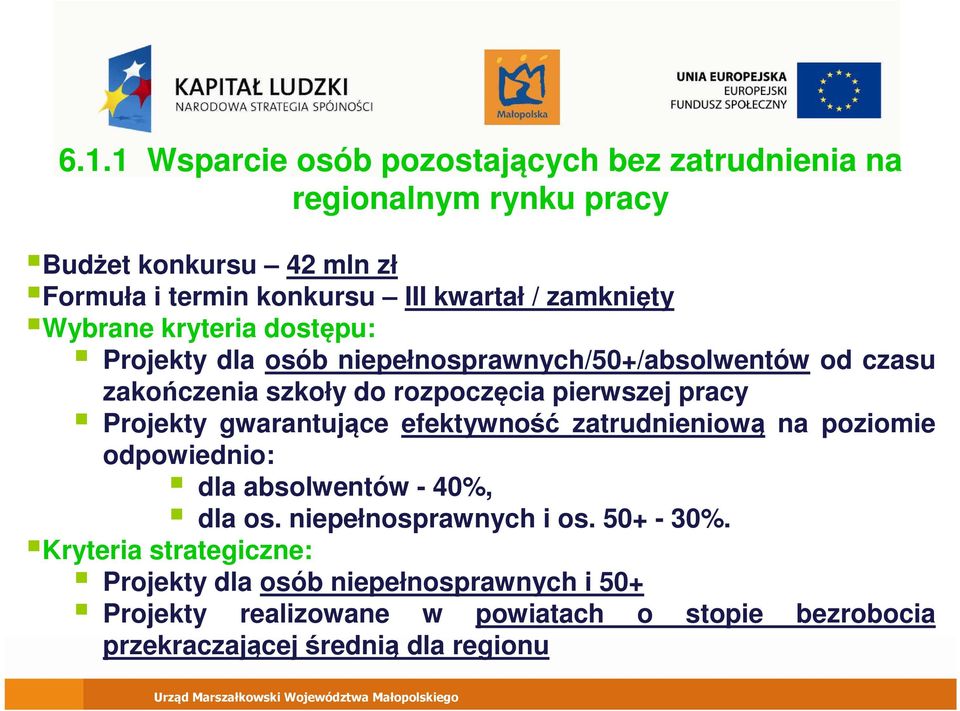 gwarantujące efektywność zatrudnieniową na poziomie odpowiednio: dla absolwentów - 40%, dla os. niepełnosprawnych i os. 50+ - 30%.