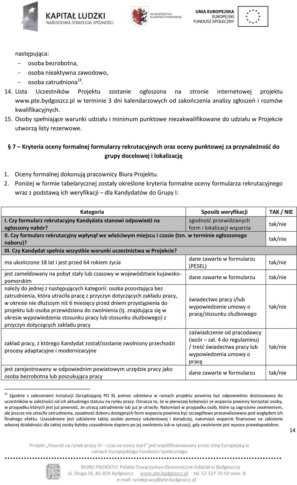 Osoby spełniające warunki udziału i minimum punktowe niezakwalifikowane do udziału w Projekcie utworzą listy rezerwowe.