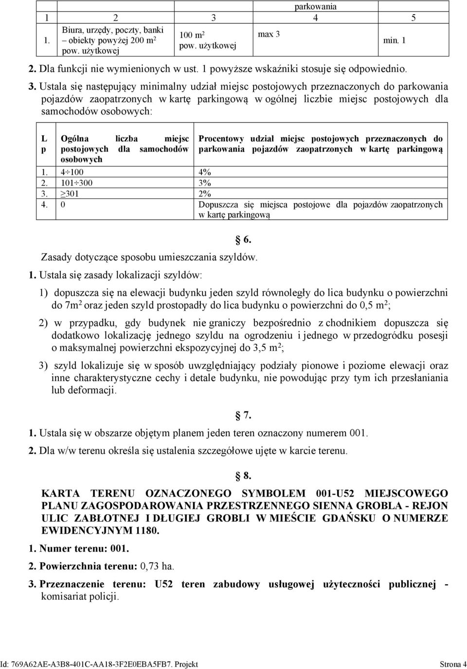 Ustala się następujący minimalny udział miejsc postojowych przeznaczonych do parkowania pojazdów zaopatrzonych w kartę parkingową w ogólnej liczbie miejsc postojowych dla samochodów osobowych: L p