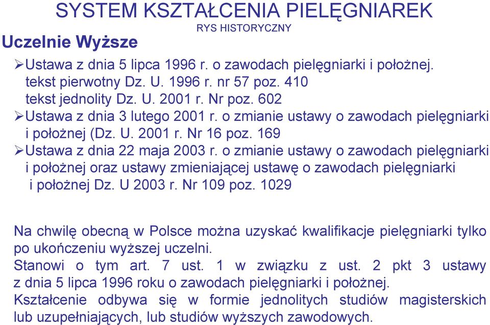 o zmianie ustawy o zawodach pielęgniarki i położnej oraz ustawy zmieniającej ustawę o zawodach pielęgniarki i położnej Dz. U 2003 r. Nr 109 poz.