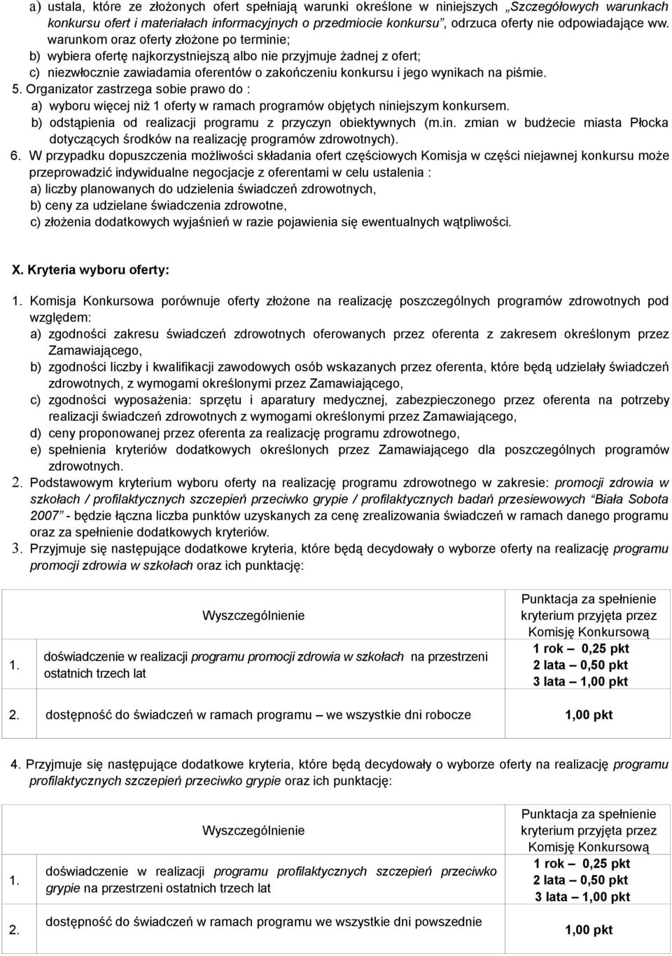 warunkom oraz oferty złożone po terminie; b) wybiera ofertę najkorzystniejszą albo nie przyjmuje żadnej z ofert; c) niezwłocznie zawiadamia oferentów o zakończeniu konkursu i jego wynikach na piśmie.