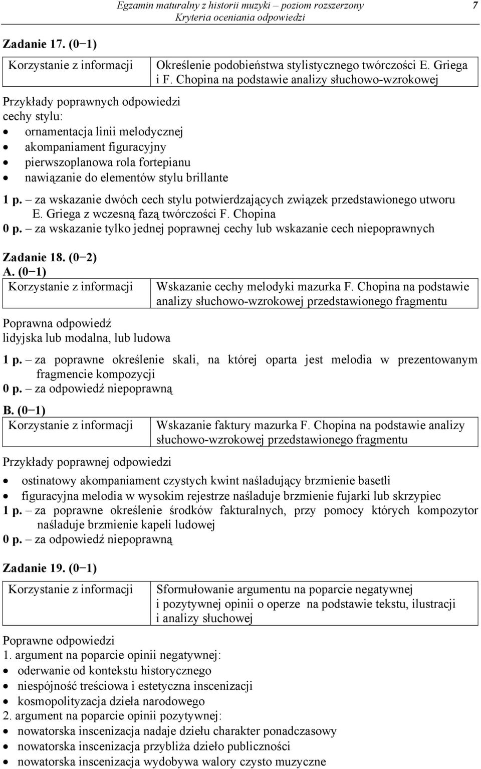 za wskazanie dwóch cech stylu potwierdzających związek przedstawionego utworu E. Griega z wczesną fazą twórczości F. Chopina 0 p.