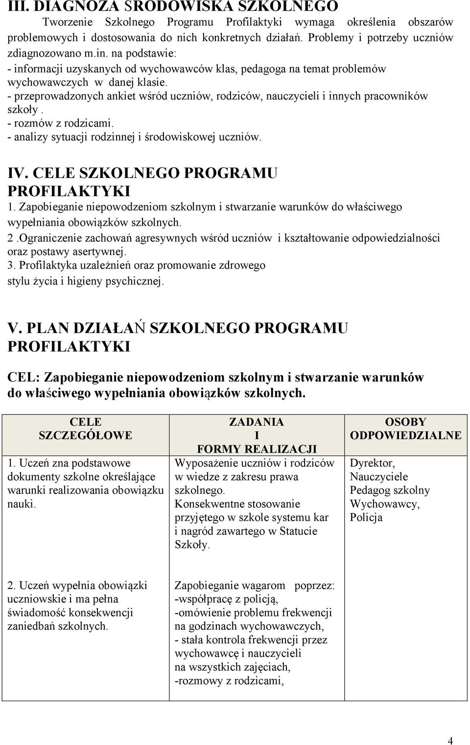 - przeprowadzonych ankiet wśród uczniów, rodziców, nauczycieli i innych pracowników szkoły. - rozmów z rodzicami. - analizy sytuacji rodzinnej i środowiskowej uczniów. IV. CELE SZKOLNEGO PROGRAMU 1.