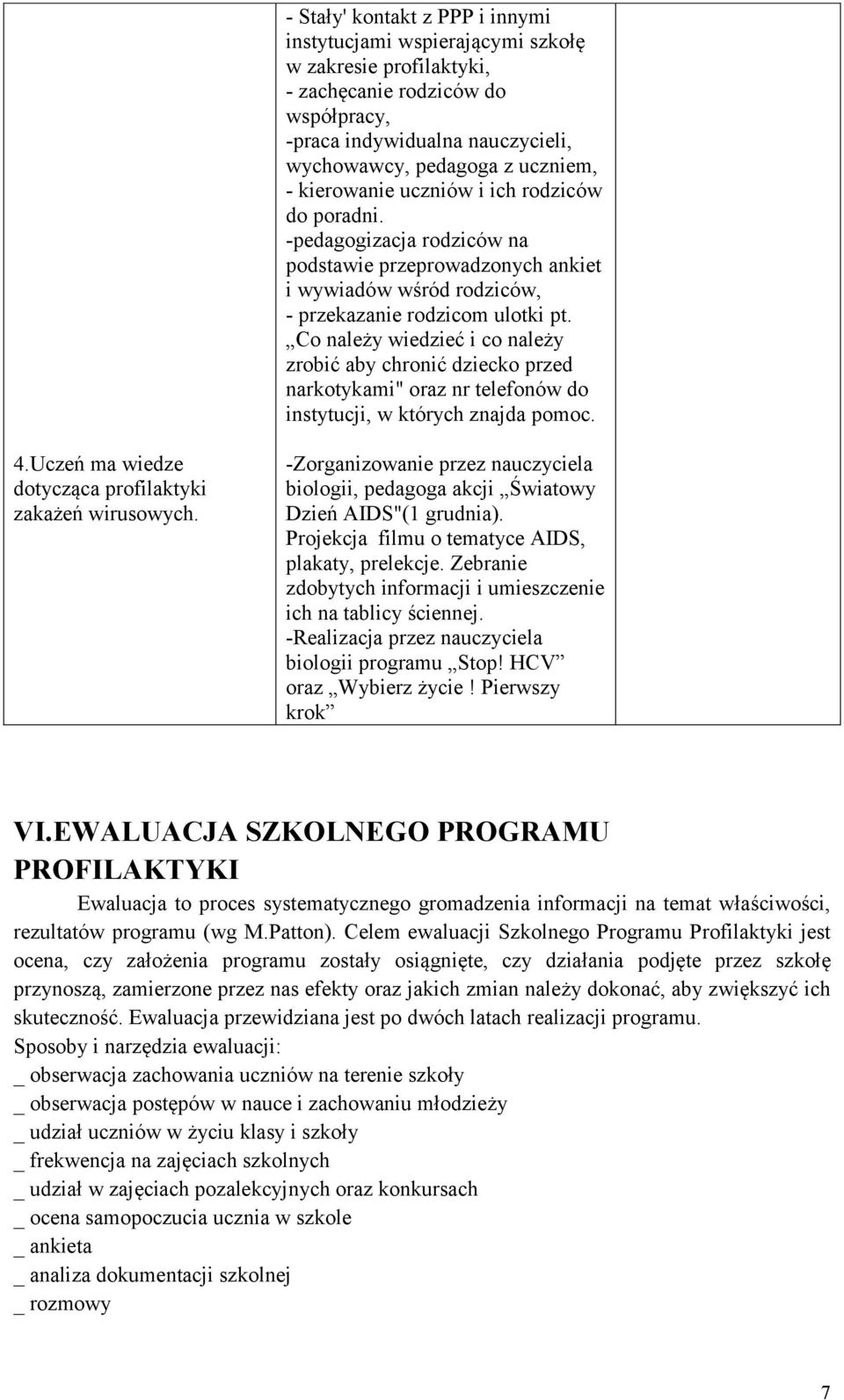 Co należy wiedzieć i co należy zrobić aby chronić dziecko przed narkotykami" oraz nr telefonów do instytucji, w których znajda pomoc. 4.Uczeń ma wiedze dotycząca profilaktyki zakażeń wirusowych.