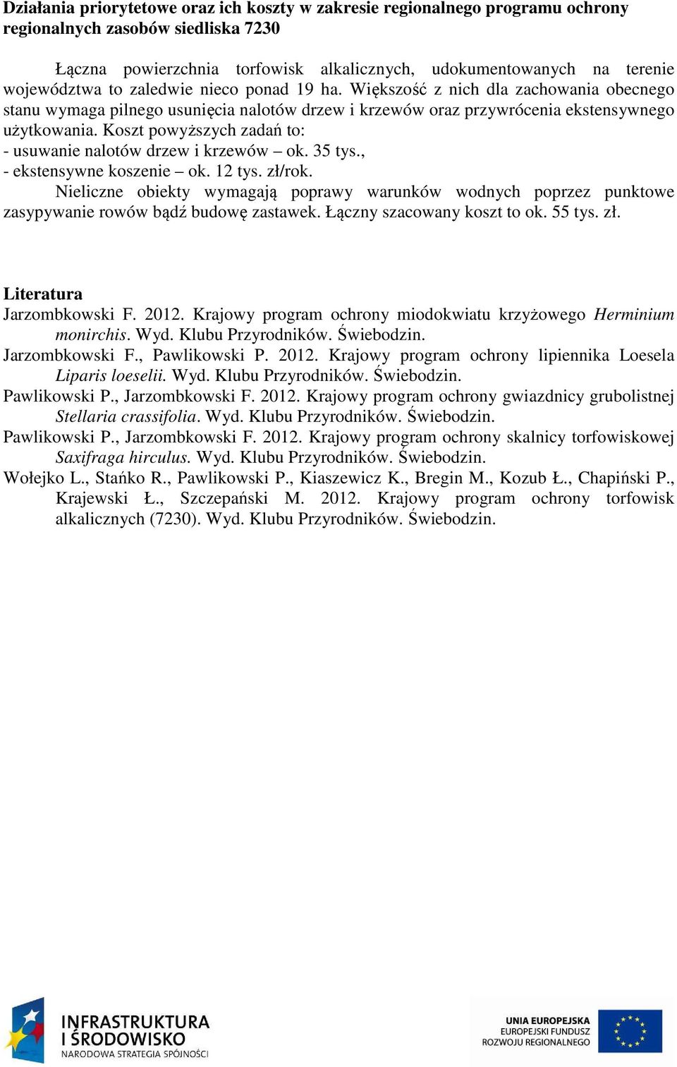 Koszt powyższych zadań to: - usuwanie nalotów drzew i krzewów ok. 35 tys., - ekstensywne koszenie ok. 12 tys. zł/rok.