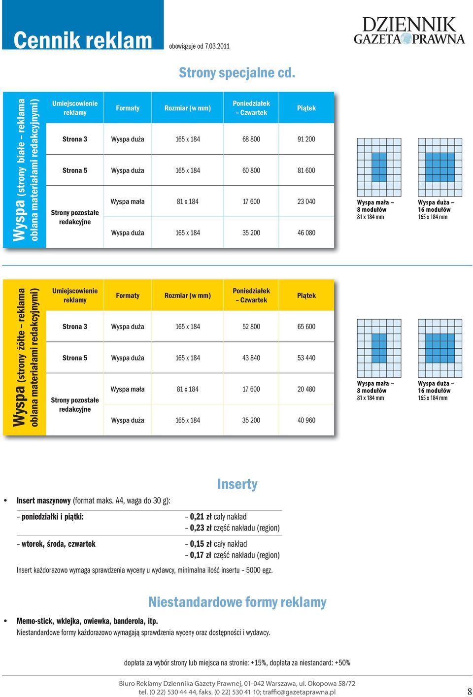 800 81 600 redakcyjne Wyspa mała 81 x 184 17 600 23 040 Wyspa duża 165 x 184 35 200 46 080 Wyspa (strony żółte reklama oblana materiałami redakcyjnymi) Umiejscowienie Rozmiar (w mm) Poniedziałek