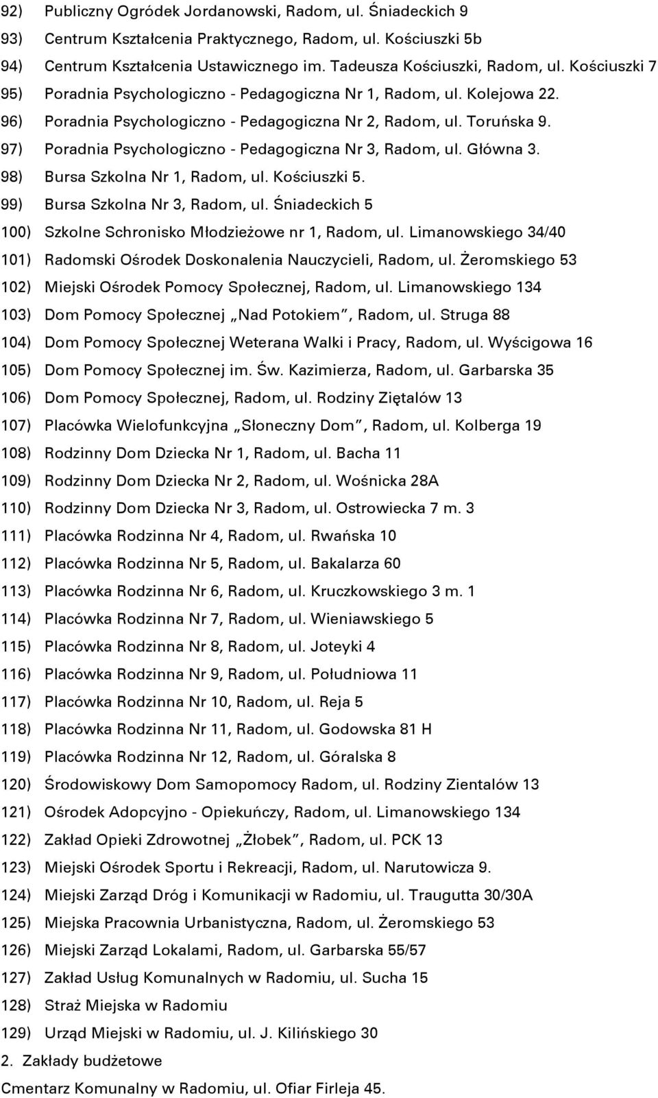 97) Poradnia Psychologiczno - Pedagogiczna Nr 3, Radom, ul. Główna 3. 98) Bursa Szkolna Nr 1, Radom, ul. Kościuszki 5. 99) Bursa Szkolna Nr 3, Radom, ul.