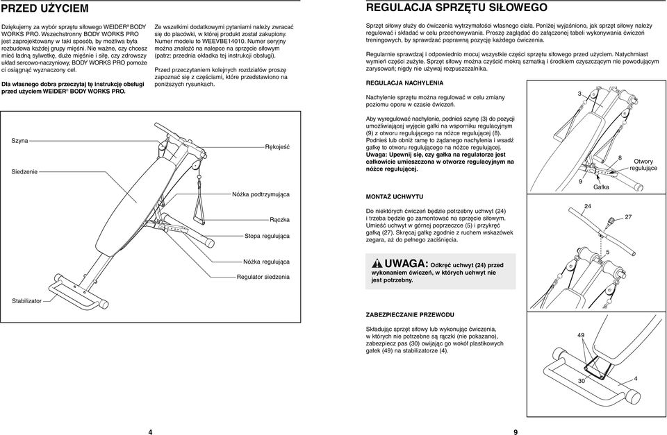 Dla własnego dobra przeczytaj tę instrukcję obsługi przed użyciem WEIDER BODY WORKS PRO. Ze wszelkimi dodatkowymi pytaniami należy zwracać się do placówki, w której produkt został zakupiony.