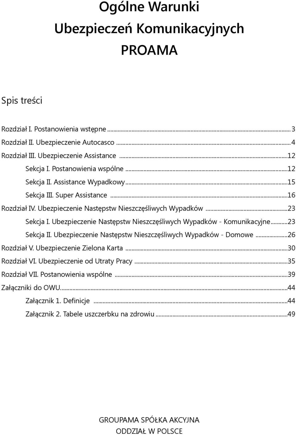 Ubezpieczenie Następstw Nieszczęśliwych Wypadków - Komunikacyjne...23 Sekcja II. Ubezpieczenie Następstw Nieszczęśliwych Wypadków - Domowe...26 Rozdział V. Ubezpieczenie Zielona Karta.