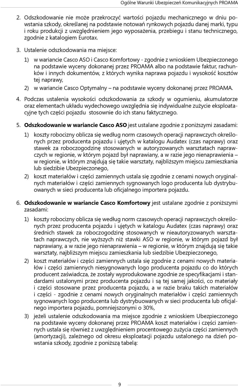 Ustalenie odszkodowania ma miejsce: 1) w wariancie Casco ASO i Casco Komfortowy - zgodnie z wnioskiem Ubezpieczonego na podstawie wyceny dokonanej przez PROAMA albo na podstawie faktur, rachunków i