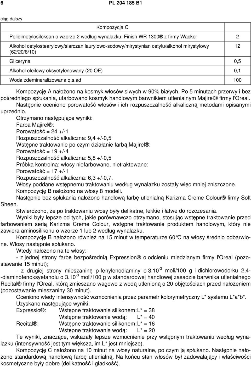 Po 5 minutach przerwy i bez pośredniego spłukania, ufarbowano kosmyk handlowym barwnikiem utlenialnym Majirel firmy l'oreal.