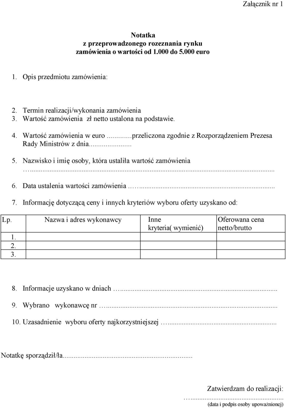 Nazwisko i imię osoby, która ustaliła wartość zamówienia... 6. Data ustalenia wartości zamówienia..... 7. Informację dotyczącą ceny i innych kryteriów wyboru oferty uzyskano od: Lp.