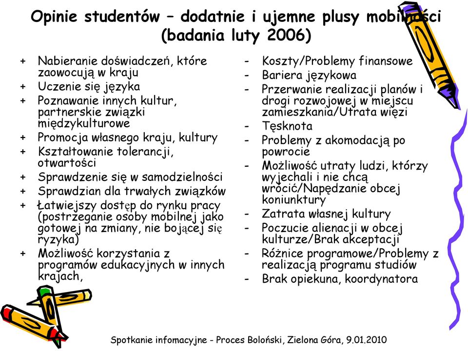 (postrzeganie osoby mobilnej jako gotowej na zmiany, nie bojącej się ryzyka) + MoŜliwość korzystania z programów edukacyjnych w innych krajach, - Koszty/Problemy finansowe - Bariera językowa -