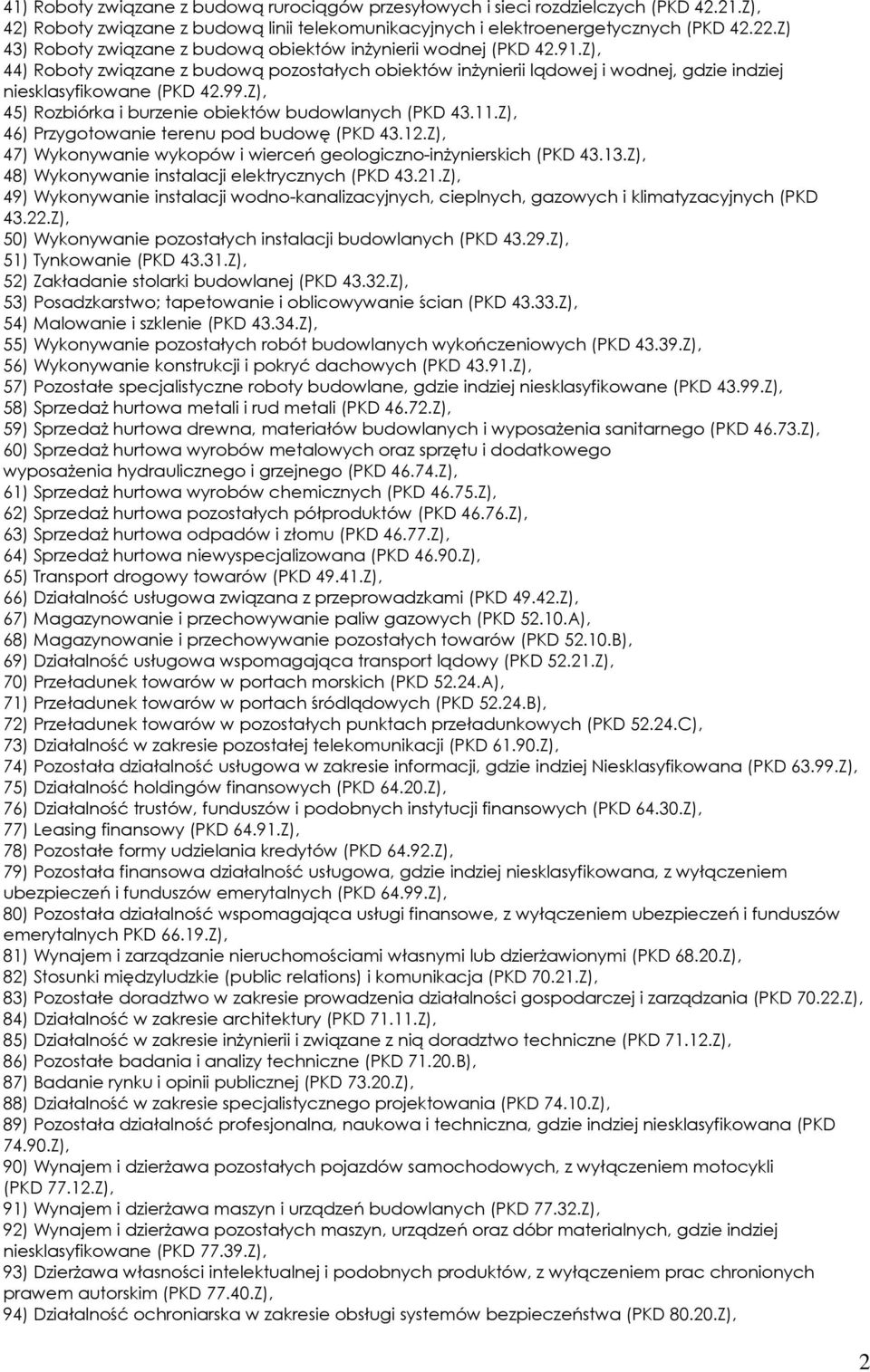 Z), 45) Rozbiórka i burzenie obiektów budowlanych (PKD 43.11.Z), 46) Przygotowanie terenu pod budowę (PKD 43.12.Z), 47) Wykonywanie wykopów i wierceń geologiczno-inżynierskich (PKD 43.13.