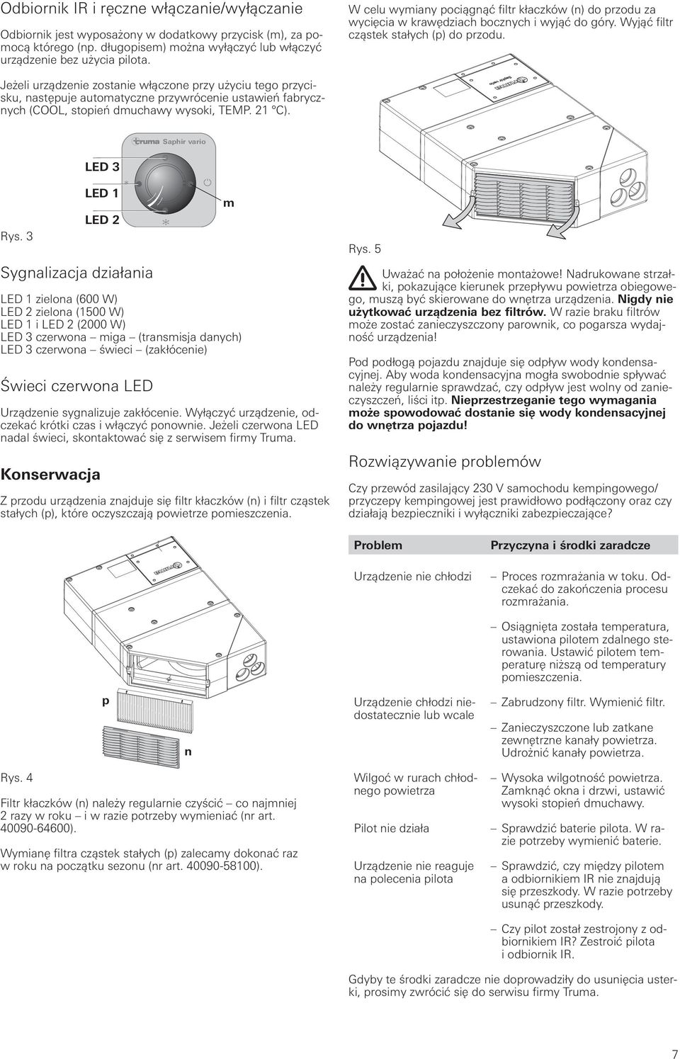 Jeżeli urządzenie zostanie włączone przy użyciu tego przycisku, następuje automatyczne przywrócenie ustawień fabrycznych (COOL, stopień dmuchawy wysoki, TEMP. 1 C). Saphir vario LED 3 Rys.