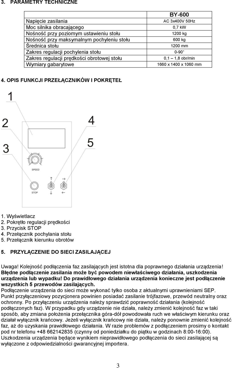 OPIS FUNKCJI PRZEŁĄCZNIKÓW I POKRĘTEŁ 1. Wyświetlacz 2. Pokrętło regulacji prędkości 3. Przycisk STOP 4. Przełącznik pochylania stołu 5. Przełącznik kierunku obrotów 5.