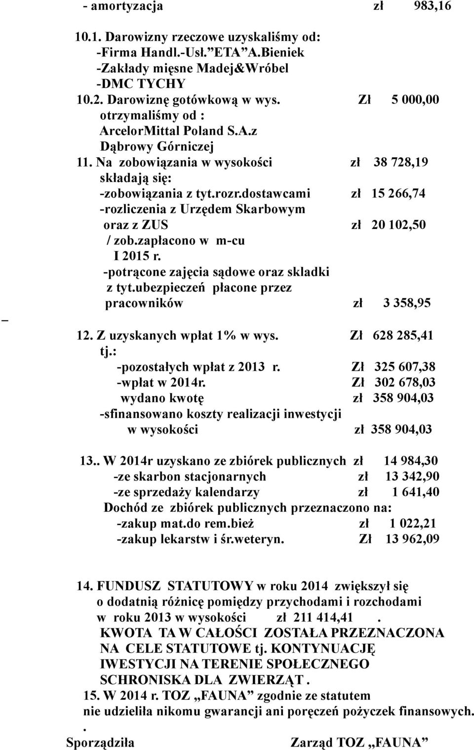dostawcami zł 15 266,74 -rozliczenia z Urzędem Skarbowym oraz z ZUS zł 20 102,50 / zob.zapłacono w m-cu I 2015 r. -potrącone zajęcia sądowe oraz skladki z tyt.