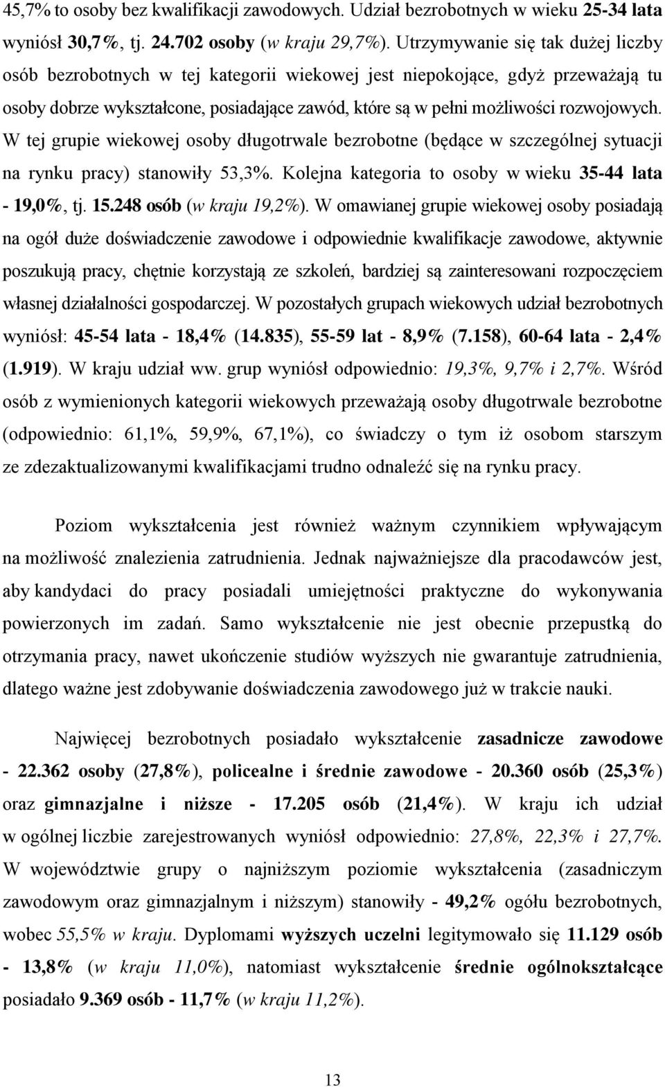 W tej grupie wiekowej osoby długotrwale bezrobotne (będące w szczególnej sytuacji na rynku pracy) stanowiły 53,3%. Kolejna kategoria to osoby w wieku 35-44 lata - 19,%, tj. 15.