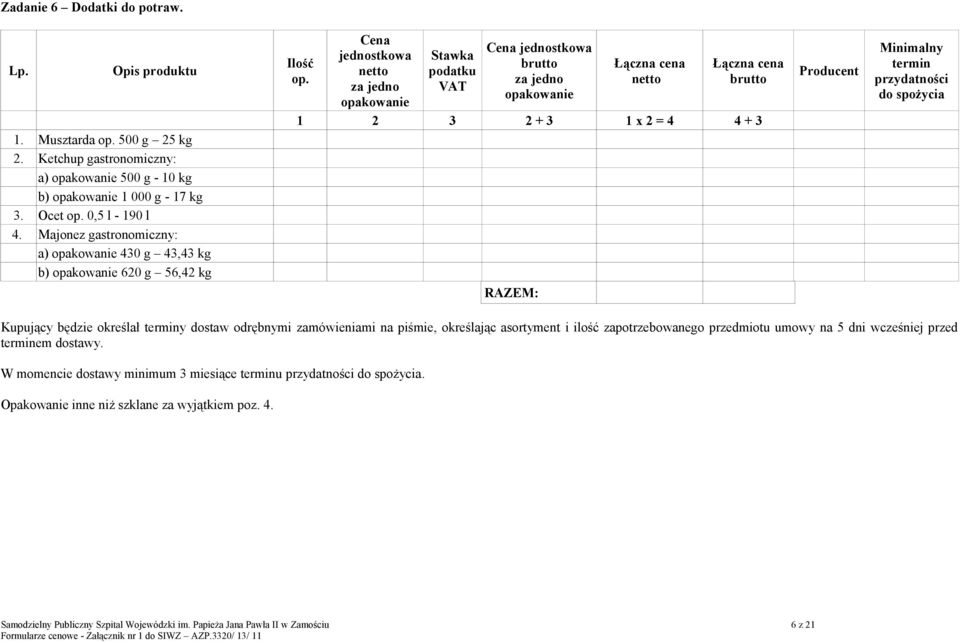 Majonez gastronomiczny: a) 430 g 43,43 kg b) 620 g 56,42 kg Kupujący będzie określał y dostaw odrębnymi zamówieniami na piśmie, określając