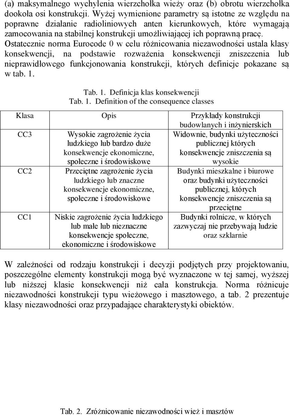 Ostateczie orma Eurocode 0 w celu różicowaia iezawodości ustala klasy kosekwecji, a podstawie rozważeia kosekwecji ziszczeia lu ieprawidłowego fukcjoowaia kostrukcji, których defiicje pokazae są w ta.