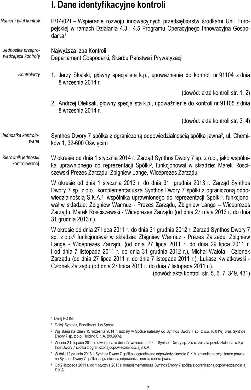 5 Programu Operacyjnego Innowacyjna Gospodarka 1 Najwyższa Izba Kontroli Departament Gospodarki, Skarbu Państwa i Prywatyzacji Kontrolerzy Jednostka kontrolowana Kierownik jednostki kontrolowanej 1.
