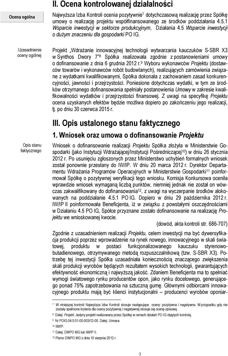 Uzasadnienie oceny ogólnej Opis stanu faktycznego Projekt Wdrażanie innowacyjnej technologii wytwarzania kauczuków S-SBR X3 w Synthos Dwory 7 8 Spółka realizowała zgodnie z postanowieniami umowy o