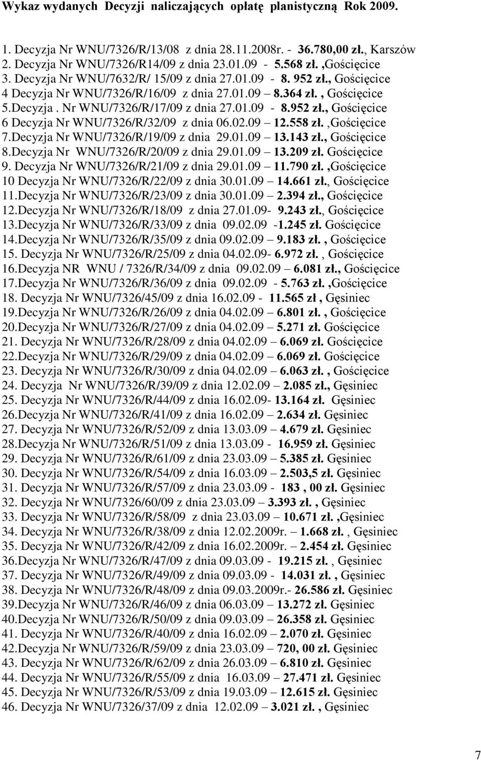 02.09 12.558 zł.,gościęcice 7.Decyzja Nr WNU/7326/R/19/09 z dnia 29.01.09 13.143 zł., Gościęcice 8.Decyzja Nr WNU/7326/R/20/09 z dnia 29.01.09 13.209 zł. Gościęcice 9.