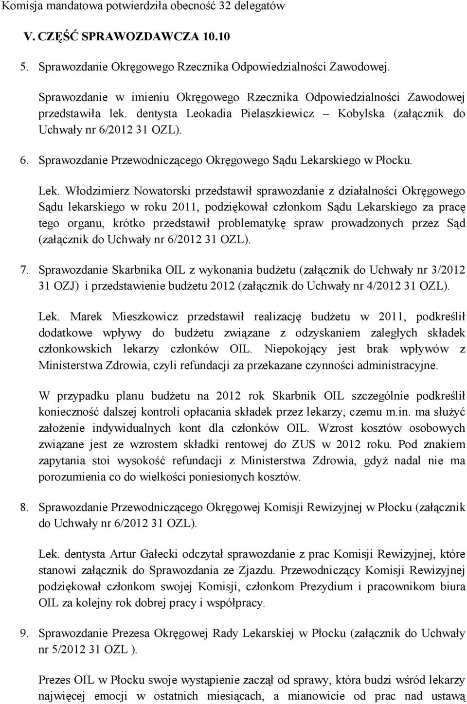 2012 31 OZL). 6. Sprawozdanie Przewodniczącego Okręgowego Sądu Leka