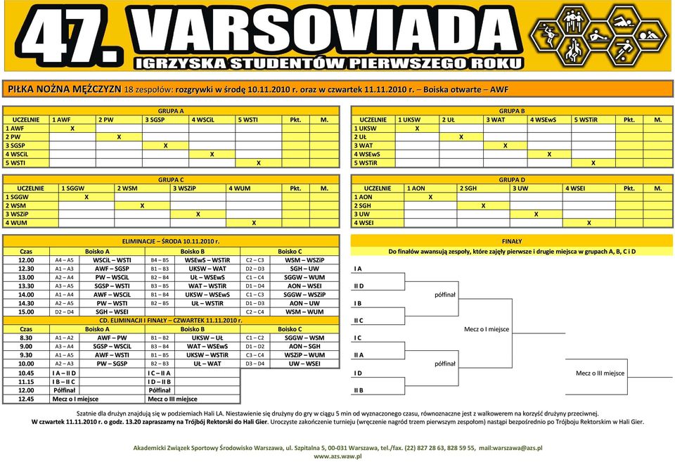 UCZELNIE 1 AON 2 SGH 3 UW 4 WSEI Pkt. M. 1 SGGW 1 AON 2 WSM 2 SGH 3 WSZiP 3 UW 4 WUM 4 WSEI ELIMINACJE ŚRODA 10.11.2010 r.