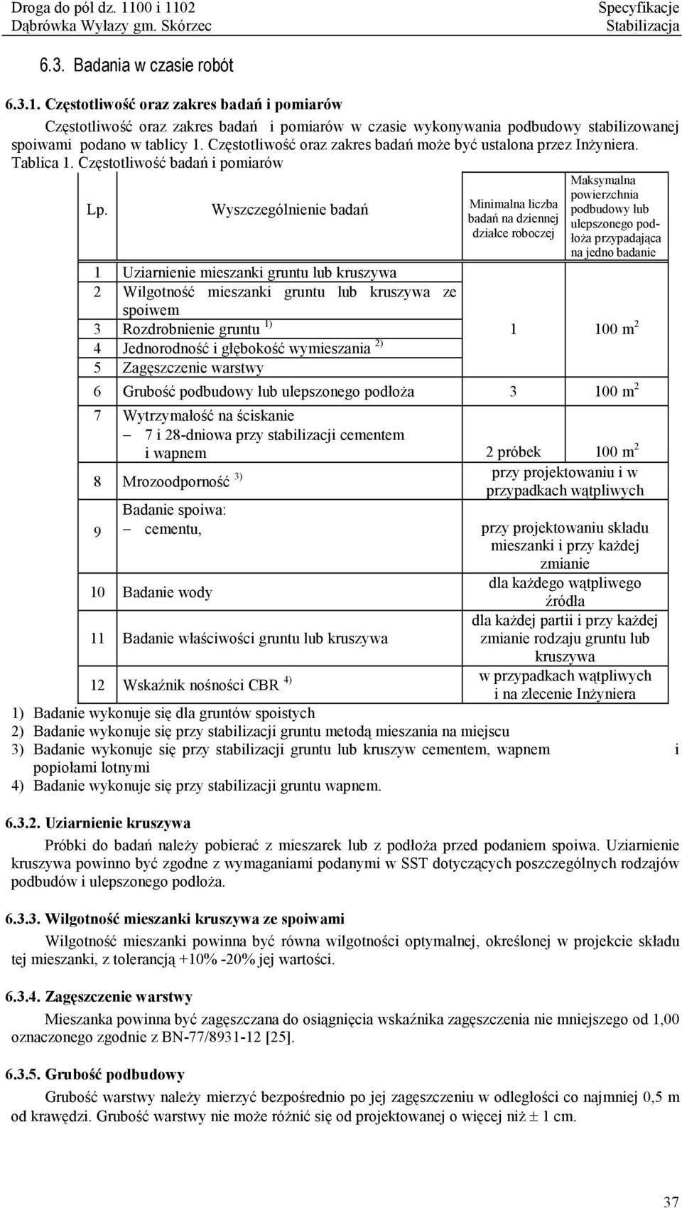 Wyszczególnienie badań Minimalna liczba badań na dziennej działce roboczej Maksymalna powierzchnia podbudowy lub ulepszonego podłoża przypadająca na jedno badanie 1 Uziarnienie mieszanki gruntu lub