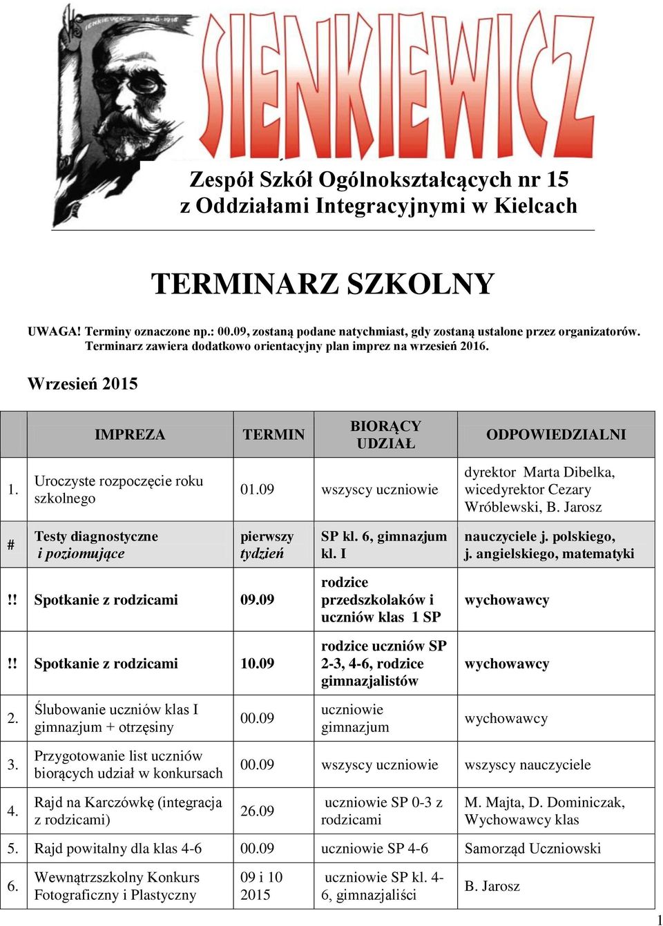 09 Wróblewski, # Testy diagnostyczne i poziomujące pierwszy tydzień SP kl. 6, gimnazjum kl. I nauczyciele j. polskiego, j. angielskiego, matematyki!! Spotkanie z rodzicami 09.09!! Spotkanie z rodzicami 10.