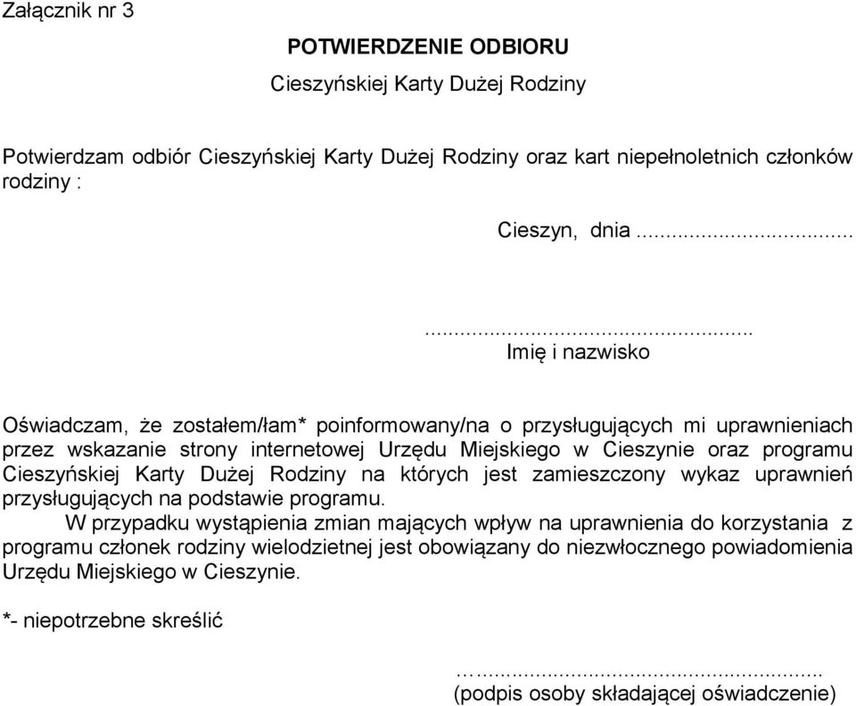 Cieszyńskiej Karty Dużej Rodziny na których jest zamieszczony wykaz uprawnień przysługujących na podstawie programu.