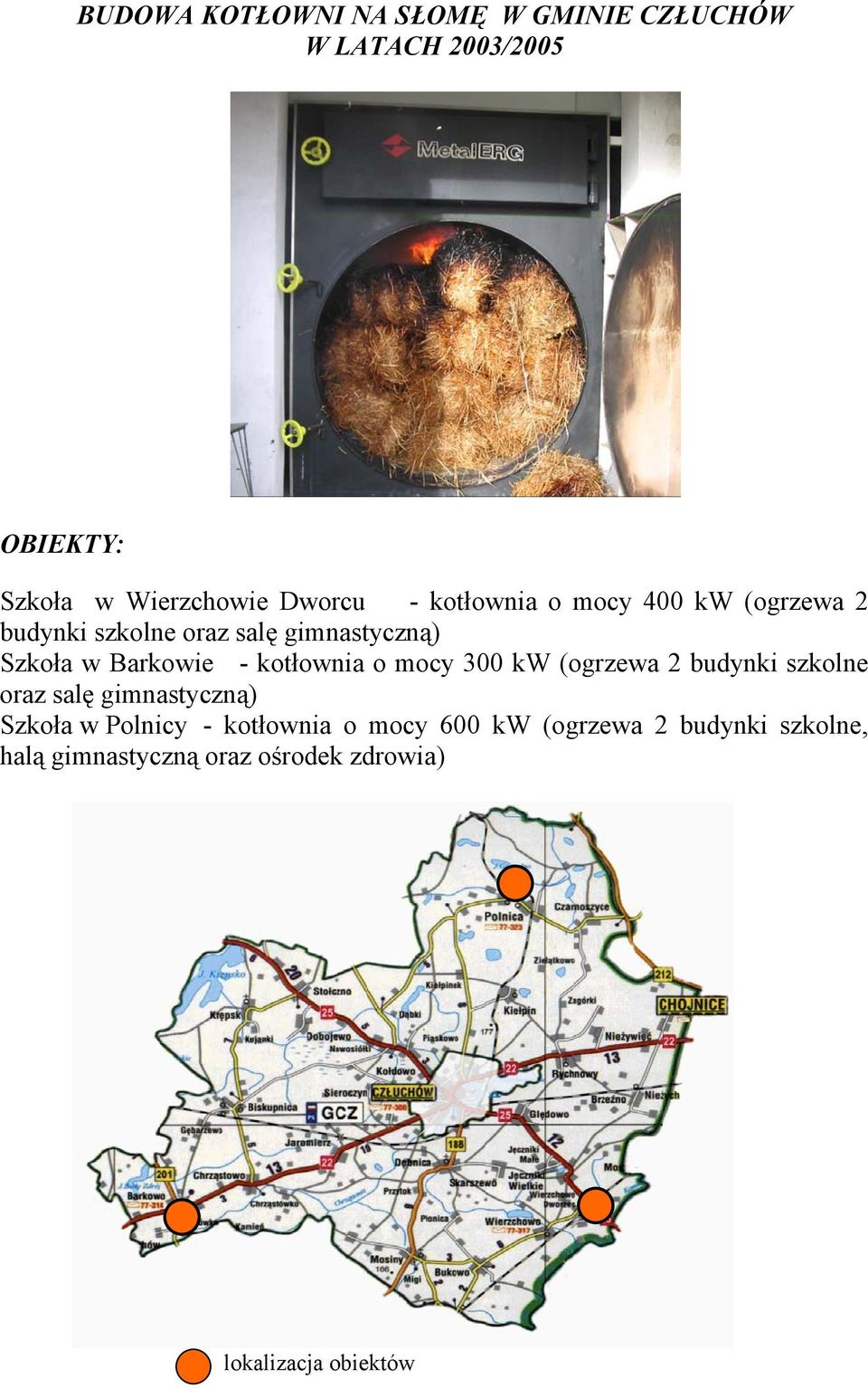 kotłownia o mocy 300 kw (ogrzewa 2 budynki szkolne oraz salę gimnastyczną) Szkoła w Polnicy -